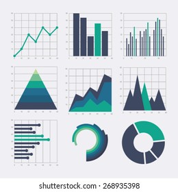 Business chart elements. Set of blue and green diagrams for your project. Elements for statistics and infographics. Vector flat design graphic.