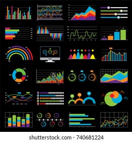 Business chart and graph data market. Elements bar pie charts diagrams and graphs flat icons in vector illustration. Black background.