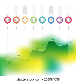 Business chart graph of increase. Vector infographics with icons and design elements. Web template of time line with blurred background.