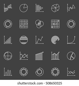 Business chart and graph linear icons. Vector set of diagrams and chart creative outline symbols on dark background