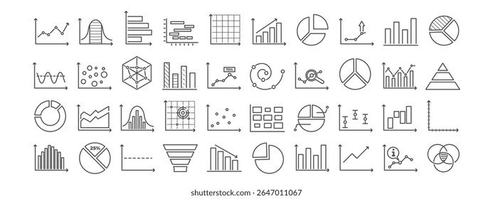 Business Chart and Graph Set with Line, Bar, and Pie Icons for Data Analysis or Statistics in Reports and Research. Vector. Editable stroke.