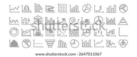 Business Chart and Graph Set with Line, Bar, and Pie Icons for Data Analysis or Statistics in Reports and Research. Vector. Editable stroke.