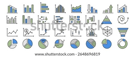 Business chart icon set with graph, statistic, line and bar diagram for finance or analysis. Pie graphics with horizontal and donut layout for data growth. Vector.