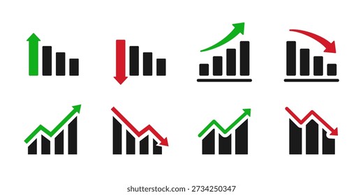 Business chart icon set showing growth and decline trends. Bar graphs with up and down arrows for analytics, statistics, financial performance, revenue increase, sales growth, profit loss.