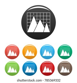 Business chart icons set in simple style many color circle isolated on white background