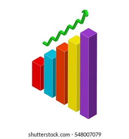 Business chart isolated on white background. Symbol of progress and success. Flat vector illustration of 3D graph with green arrow. Financial colorful bar graph. Statistic element. 3D design.