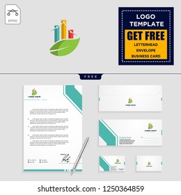 Business Chart with leaf logo template vector illustration and stationery branding pack