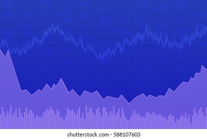 Business chart with line graph, bar chart and stock numbers in stock market on blue color background (vector)