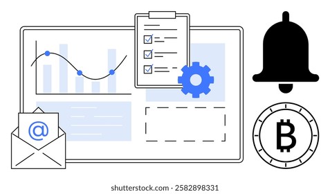 Business chart with line graph, clipboard with checklist, blue gear, email envelope, alert bell, and Bitcoin symbol. Ideal for financial management, task organization, digital marketing