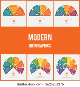 Business chart modern infographic vector template from color semicircle for 3,4,5,6,7,8 options processes, workflow, diagram, flowchart 
