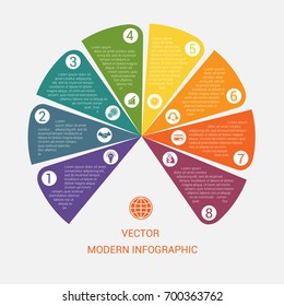Business chart modern infographic vector template from color semicircle for 8 options processes, workflow, diagram, flowchart 