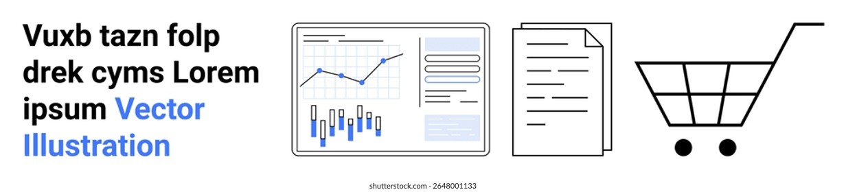 Gráfico de negócios em uma tela de computador, pilha de documentos, carrinho de compras, texto lorem ipsum. Ideal para relatórios de negócios, comércio eletrônico, análise de dados, finanças, pesquisa de mercado, apresentações. Página inicial