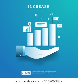 business chart on hand. income salary rate increase. graphic growth margin revenue. Finance performance of return on investment ROI concept with arrow element. flat style design vector illustration