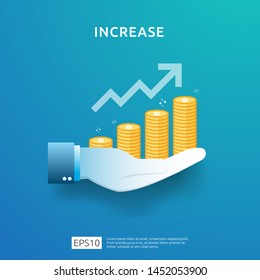 business chart on hand. income salary rate increase. graphic growth margin revenue. Finance performance of return on investment ROI concept with arrow element. flat style design vector illustration