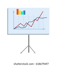 Business chart on high stand isolated on white background. Vivid example of statistical data to better understanding. Vector illustration of colorful curves. Detailed work report in form of graphics.