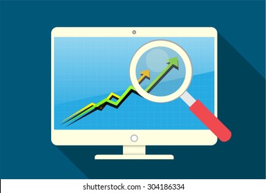 Business chart on the screen of PC computer monitor, vector eps10 illustration. Magnifying glass. 