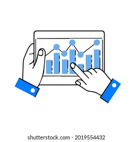 Business chart on tablet screen in hands. Touch screen device with finger. Analytics and statistics. Growth graph. Outline cartoon illustration