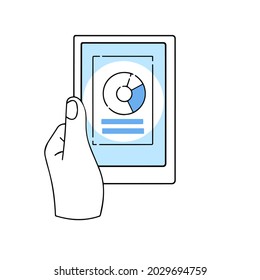 Business chart on tablet screen in hands. Touch screen device. Analytics and statistics. Growth graph