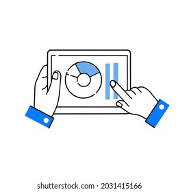 Geschäftsplan auf Tablettenbildschirm in Händen. Berühre das Bildschirmgerät mit dem Finger. Analytik und Statistik. Wachstumsdiagramm. Umfassende Cartographie