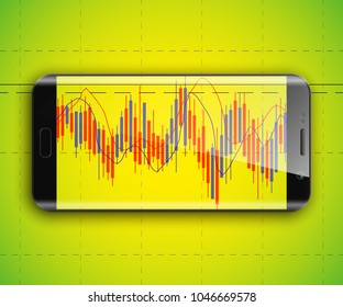 Business chart, phone uptrend line graph, bar chart, stock numbers in bull market, arrow up-down. Evaluation investment risks phone. financial markets smartphone background, trading telephone pattern
