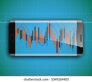 Business chart, phone uptrend line graph, bar chart, stock numbers in bull market, arrow up-down. Evaluation investment risks phone. financial markets smartphone background, trading telephone pattern