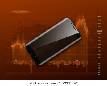 Business chart, phone uptrend line graph, bar chart, stock numbers in bull market, arrow up-down. Evaluation investment risks phone. financial markets smartphone background, trading telephone pattern
