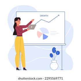 Business chart presentation, development marketing diagram growth. Woman employee demonstrating financial increase on graphic. Manager pointing on white board with progress vector illustration