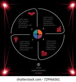  Business chart for presentations. Circle Lines Infographic 4 Positions dark background with red light 