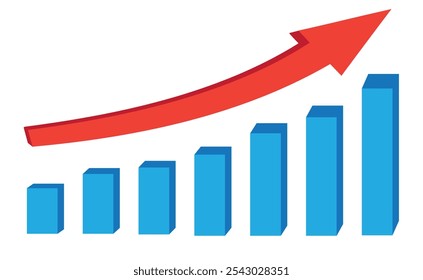Gráfico de negócios com seta vermelha em 3D, mostrando o crescimento e tendência ascendente, gráfico financeiro, conceito de estatísticas, isolado no fundo branco, ilustração vetorial.