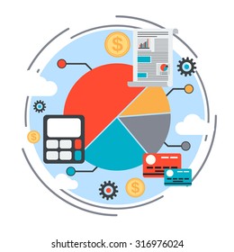 Business chart, report, data analysis, financial statistics, market trends analysis concept. Flat design style icon for websites, applications, booklets, brochures, layouts.
