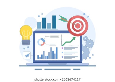 Business Chart Report on Laptop and Target Arrow. Analyst analyzing financial charts and graphs. Business Marketing Dashboard Concept. Profit optimization. Flat vector illustration on background.