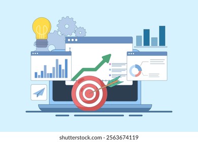 Business Chart Report on Laptop and Target Arrow. Analyst analyzing financial charts and graphs. Business Marketing Dashboard Concept. Profit optimization. Flat vector illustration on background.