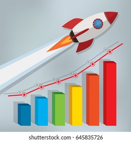 Business chart with a rocket going up on the gray background.