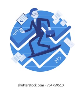 Business chart surfing man. Male rides with a special board on a moving wave of up and down graph data report, extreme investing. Business style vector concept illustration