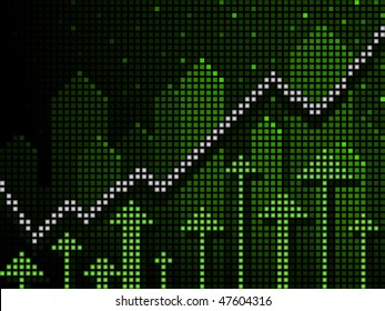 Business chart in ticker style with green arrows and upward trend