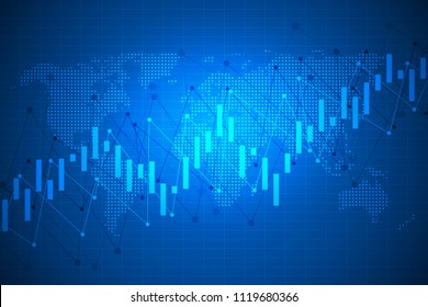 Business chart with uptrend line graph, chart and stock market on blue color background with world map