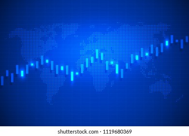 Business chart with uptrend line graph, chart and stock market on blue color background with world map