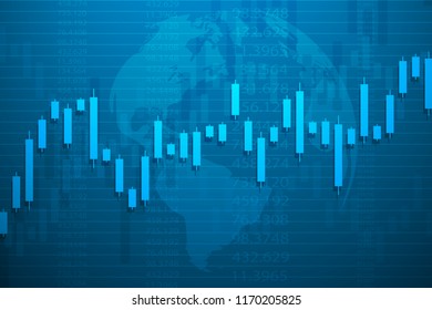 Business chart with uptrend line graph, bar chart and stock numbers market on blue background