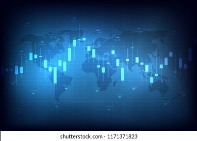 Business chart with uptrend line graph, bar chart and stock numbers market on blue background
