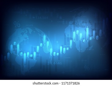 Business chart with uptrend line graph, bar chart and stock numbers market on blue background