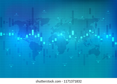 Business chart with uptrend line graph, bar chart and stock numbers market on blue background