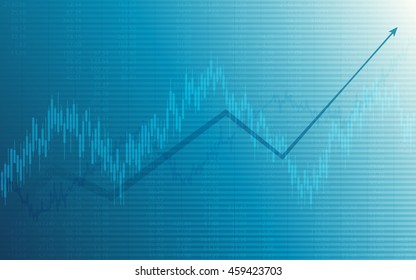 Business chart with uptrend line graph, bar chart and stock numbers in bull market on white and blue color background (vector)