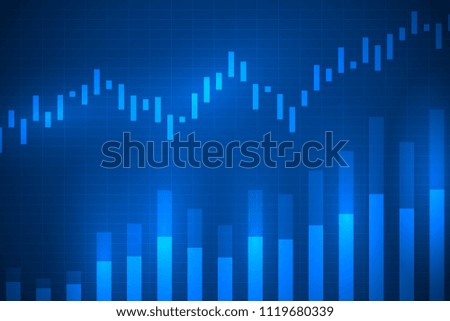 Business chart with uptrend line graph, bar chart and stock market on blue color background