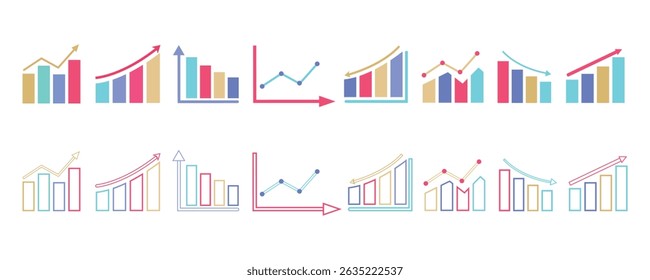Business Chart Vector Icons Set, Colorful Line and Bar Graph Infographic Elements for Financial Reports, Data Visualization, Analysis Dashboards, and Presentations