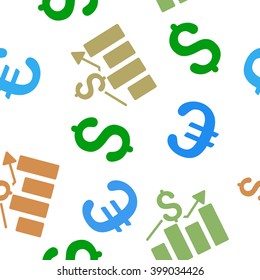 Business Chart vector repeatable pattern with dollar and euro currency symbols. Style is flat colored icons on a white background.