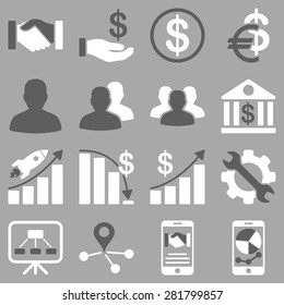 Business charts and bank icons. These flat bicolor symbols use modern corporate light blue and gray colors. Images are isolated on a gray background.