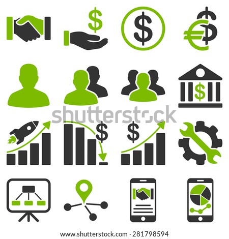 Business charts and bank icons. These flat bicolor symbols use modern corporate light blue and gray colors. Images are isolated on a white background.