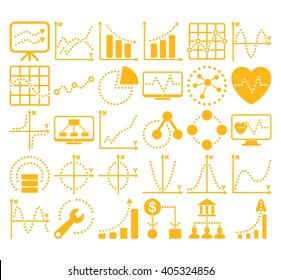 Business Charts With Circle Dots vector icons. Style is yellow flat symbols on a white background.