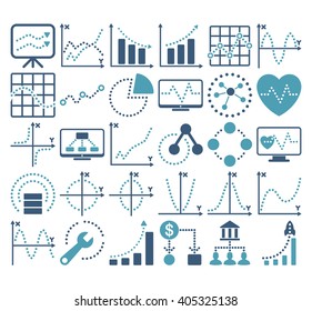 Business Charts With Circle Dots vector icons. Style is bicolor cyan and blue flat symbols on a white background.