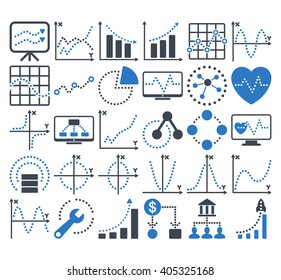 Business Charts With Circle Dots vector icons. Style is bicolor smooth blue flat symbols on a white background.